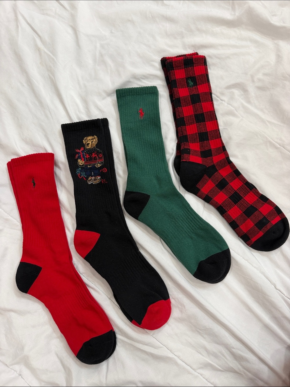 Ralph Lauren Polo Bear Holiday Plaid Red Green Crew Socks NEW One Size 10-13